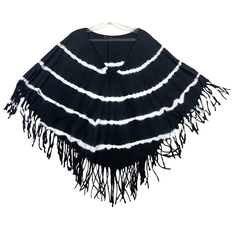 Boho Fringe Poncho Black White Tie‎ Dye V Neck Festival Small Urban X